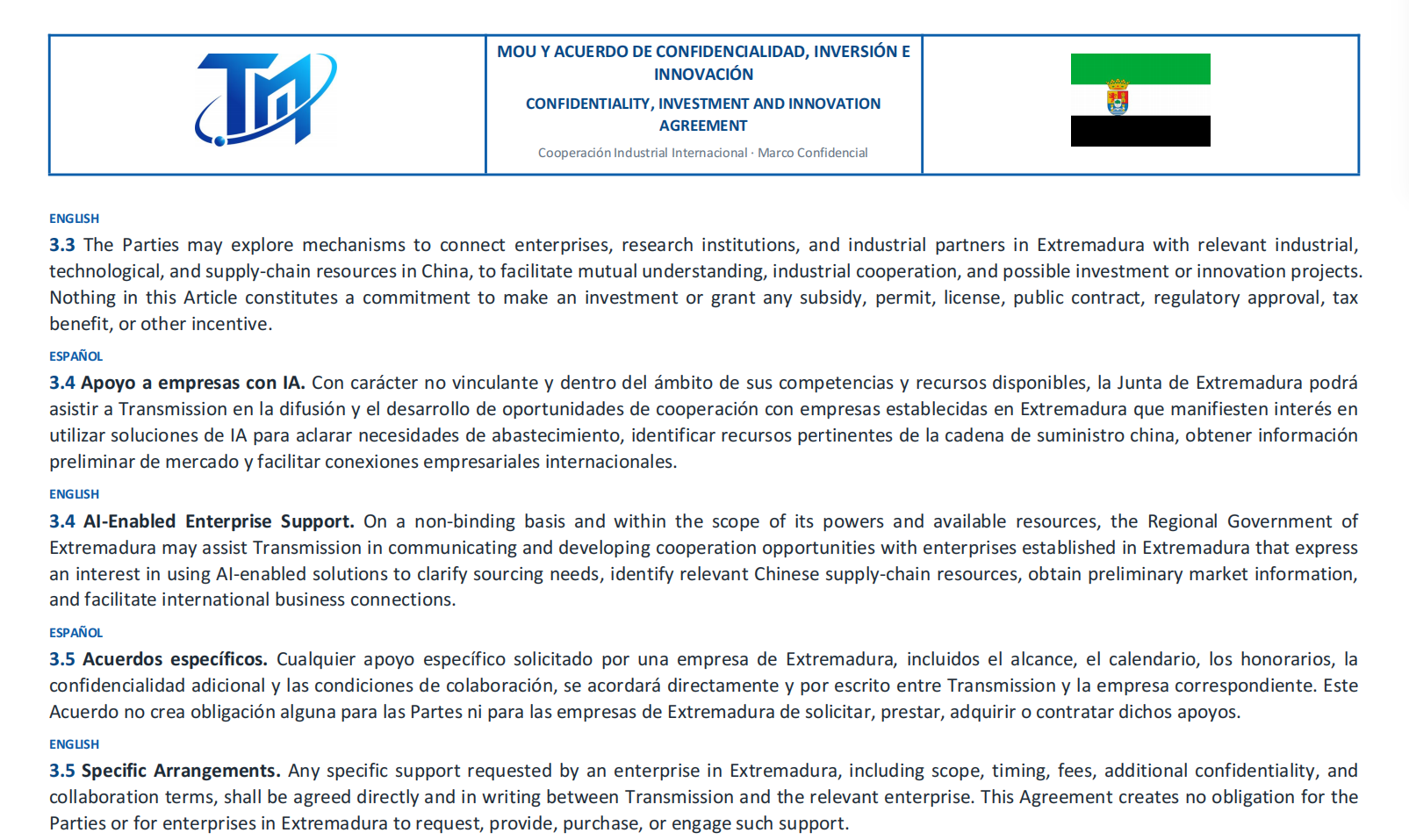 Cooperation agreement with the Region of Extremadura, Spain